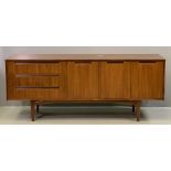 MID-CENTURY TYPE SIDEBOARD with three drawers and three cupboard doors, 76cms H, 186cms W, 45cms D