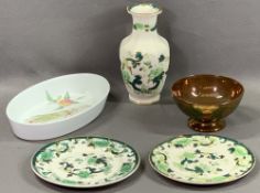 MASONS CHARTREUSE VASE, 21cms H, a pair of plates, 20cms diameter, a copper lustre pedestal bowl and