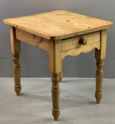 SMALL PINE FARMHOUSE KITCHEN TABLE with end drawer, 74cms H, 67cms W, 75cms D