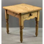 SMALL PINE FARMHOUSE KITCHEN TABLE with end drawer, 74cms H, 67cms W, 75cms D