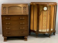 VINTAGE FURNITURE - Art Deco style china cabinet with Smiths clock to the front panel and a carved