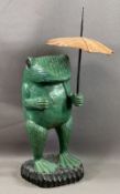 VINTAGE CARVED WOODEN ORNAMENTAL STANDING FROG with umbrella, 60cms H