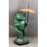 VINTAGE CARVED WOODEN ORNAMENTAL STANDING FROG with umbrella, 60cms H