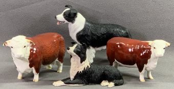 BESWICK BULL, 11.5 x 19cms, a Beswick cow, 11 x 16.5cms and two composition sheepdog ornaments