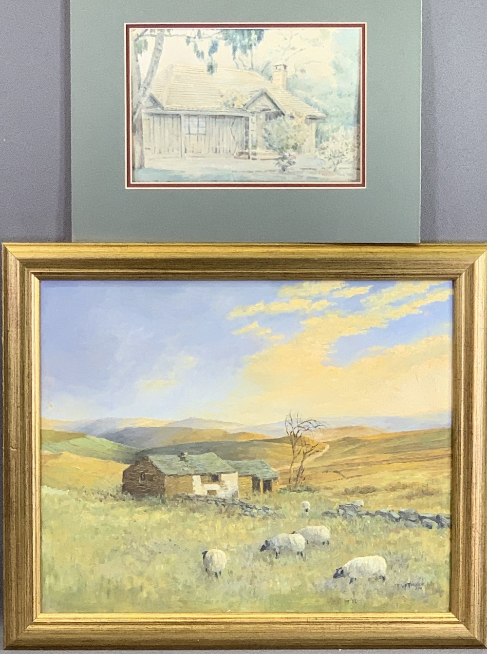 W TAYLOR oil on board - grazing sheep on moorland with farm buildings and stone wall to the