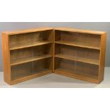 BOOKCASES - pair of light wood having three shelves and sliding glass doors, 85cms H, 92cms W, 22cms