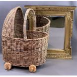 ORNATE GILT FRAMED BEVELLED GLASS WALL MIRROR, 61cms H, 53cms W and a wicker basket doll's pram