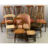 ANTIQUE MAHOGANY DINING CHAIRS - set of four with fretwork backs and red upholstered pad seats, also