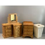 PINE BEDROOM FURNITURE - a pair of narrow chests of three drawers, 57cms H, 39cms W, 30cms D,