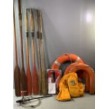 BOATING INTEREST - a quantity of oars (two pairs and two others), 'Perry Buoy' lifebuoy and