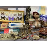 BRASSWARE, TREEN & COLLECTABLES including butterflies and an assortment of mixed items