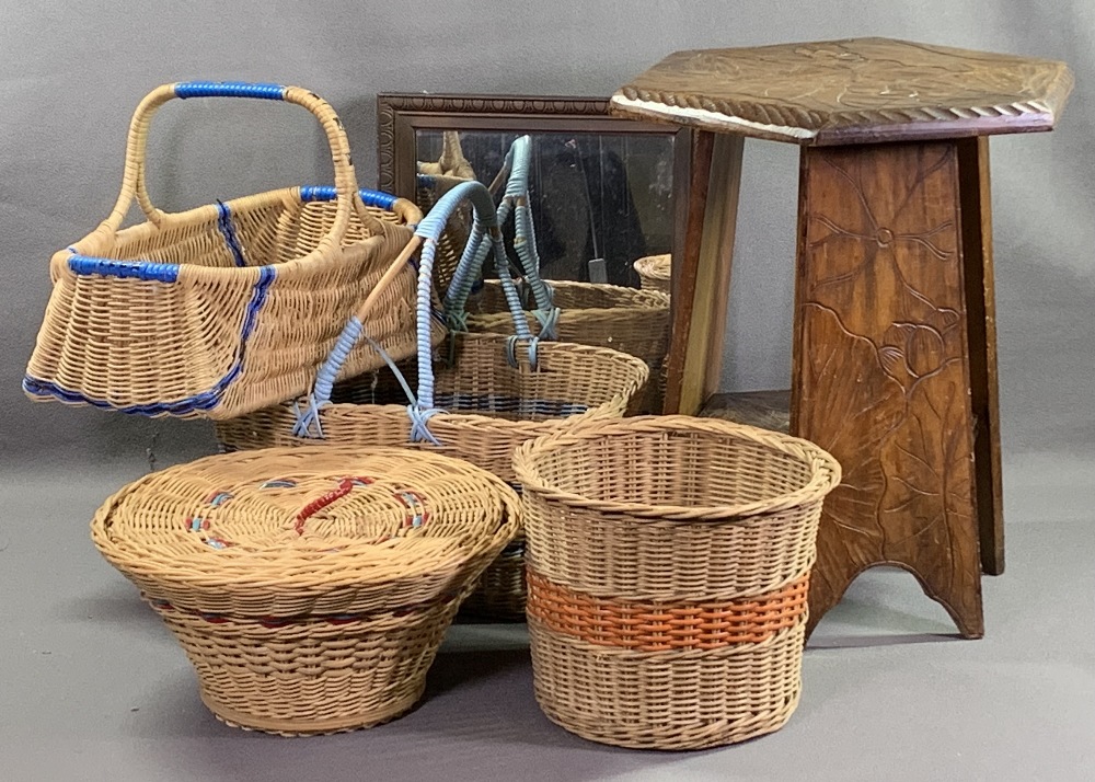 TREEN & WICKER - an assortment of vintage baskets, occasional table and mirror