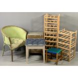 FURNITURE ASSORTMENT - loom type chair and basket, small modern shelf racks, string topped stool and