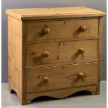 VINTAGE PINE CHEST OF THREE DRAWERS, 82 cms H, 85cms W, 46cms D