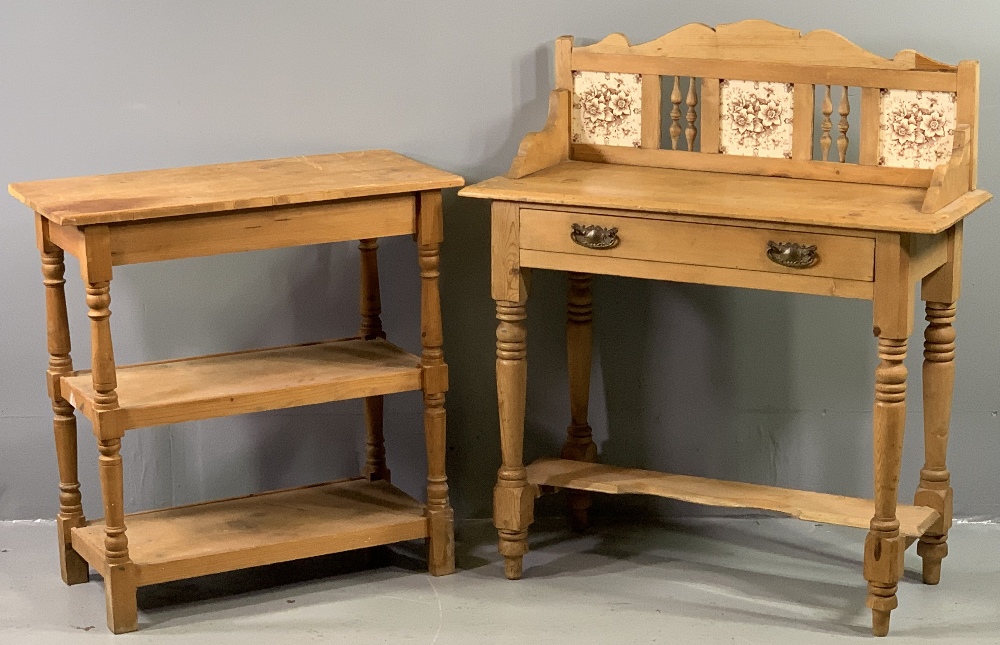 ANTIQUE PINE WASHSTAND with tiled railback, single drawer and base shelf, 105cms H, 89cms W, 40cms D