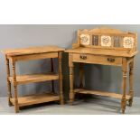 ANTIQUE PINE WASHSTAND with tiled railback, single drawer and base shelf, 105cms H, 89cms W, 40cms D