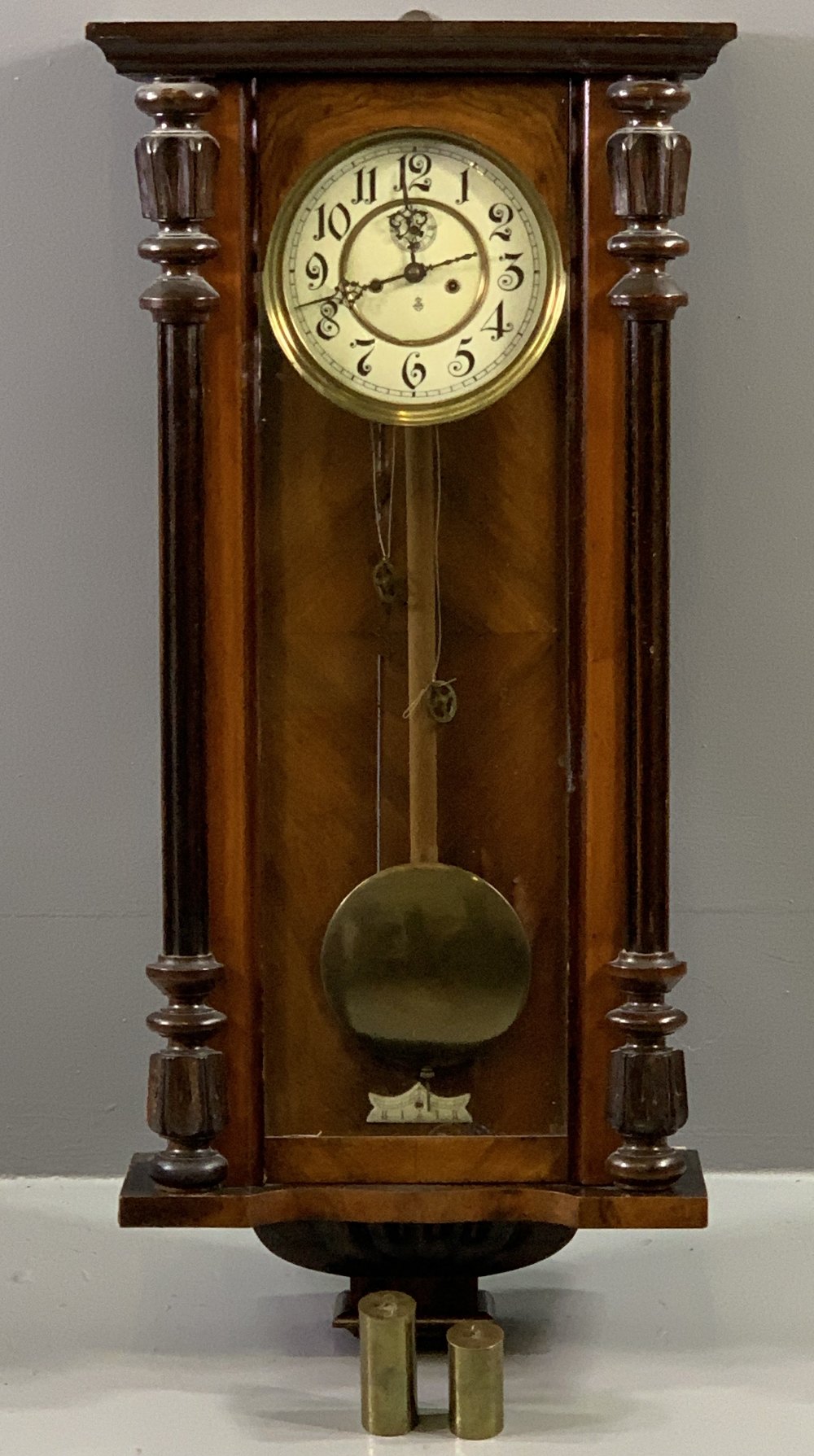 VIENNA PENDULUM WALL CLOCK - painted dial with brass bezel, initialled 'G B' to the dial, with