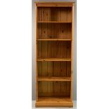 PINE BOOKCASE - modern, open with five shelves, 206cms H, 80cms W, 39cms D