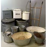 VINTAGE GALVANIZED BATHS (2), galvanized bins, pail, enamel bread bins and an old parcel trolley