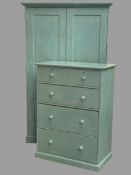 BEDROOM FURNITURE - two door painted pine wardrobe, 198cms H, 122cms W, 60cms D and a two over three