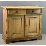 VINTAGE PINE SIDEBOARD BASE with fielded panelled front doors and two drawers above with turned