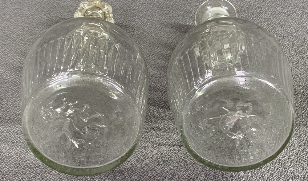 ANTIQUE ETCHED GLASS BOTTLES WITH STOPPERS, 20cms H, a pair, Loetz type vase, 17cms H and - Image 2 of 2