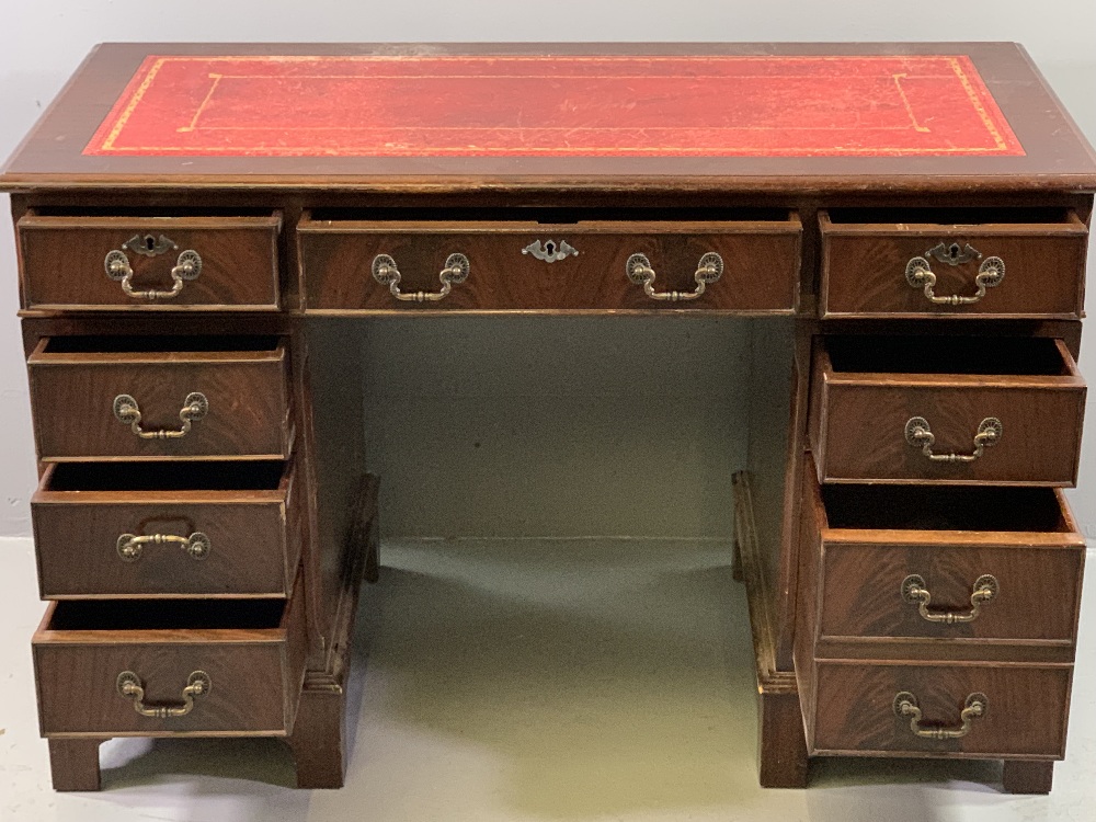 REPRODUCTION DESK with tooled red leather effect top, twin pedestals and a central drawer, 77cms - Image 2 of 5