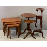 FURNITURE ASSORTMENT to include reproduction nest of three coffee tables, whatnot, circular topped