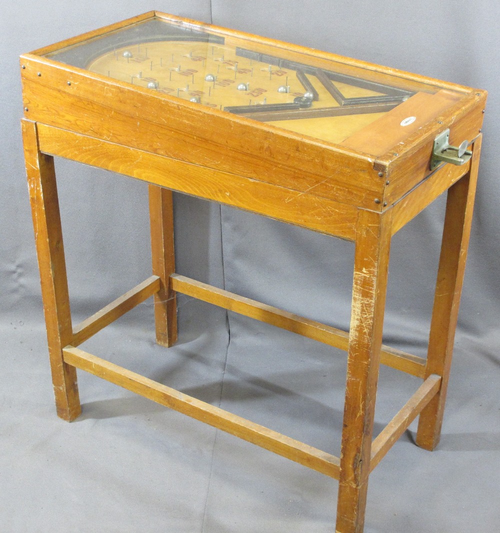 KUMBAKATEL VINTAGE PINBALL MACHINE on wooden stand, 89.5cms H maximum, 43cms W, 80.5cms L not