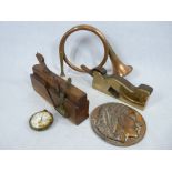 ANTIQUE TOOLS - brass and wooden block plane marked 'J Howarth, Sheffield', 29cms L, another block
