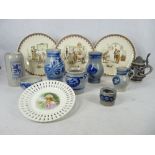 SARREGUEMINES FABLES STORY PLATES, German stoneware vessels and a Victorian ribbon plate