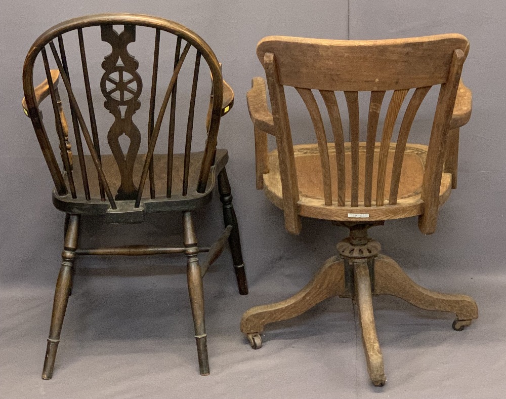 VINTAGE OAK SWIVEL OFFICE ARMCHAIR and a later wheelback spindle armchair on turned supports, - Image 2 of 4