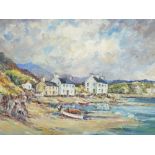 DORIS E CRICHTON oil on board - near Morfa Nevin with beached boats and figures, signed in full,