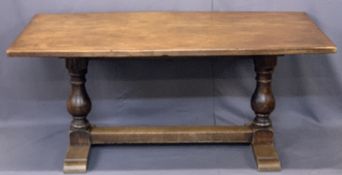 OAK TRESTLE REFECTORY TABLE with substantial baluster supports and pegged joints, 73cms H, 166cms W,