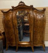 LOUIS XV STYLE FRENCH WALNUT BOMBE SHAPED WARDROBE - having central mirrored door and two outer