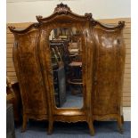 LOUIS XV STYLE FRENCH WALNUT BOMBE SHAPED WARDROBE - having central mirrored door and two outer