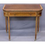 FOLDOVER CARD TABLE, quality reproduction crossbanded mahogany, with single frieze drawer, with line