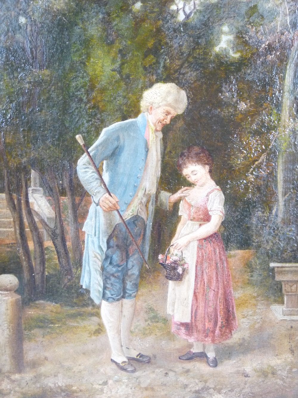 OIL ON CANVAS of a Georgian Dandy and a young flower girl, late 19th century, unsigned, 37.5 x