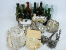 EQUESTRIAN INTEREST - a pair of spurs, also vintage lace items, old soda and beer bottles and a