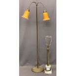 MODERN TWIN LIGHT BRASS FLOOR LAMP and a vintage table lamp with metal reeded column on a white