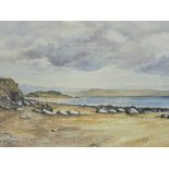 CHRIS FINLOW fine watercolour - beach and coastal scene with fence on cliff and hills to background,