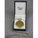 A MODERN RAPPORT ROLLED GOLD POCKET WATCH & ALBERT (little used) and inscribed 'Huw & Rita 10/12