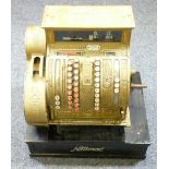 VINTAGE NATIONAL CASH REGISTER in decorative brass, on a wooden base, no. 422 and 1266955, the