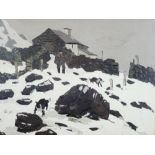 SIR KYFFIN WILLIAMS RA coloured print - farmer and dogs in snow, 37 x 37cms