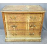 VICTORIAN MAHOGANY CHEST OF THREE LONG DRAWERS - pine lined with brass pommels and swan neck handles