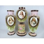 VICTORIAN MILK GLASS GARNITURE SET OF THREE VASES including a central globular vase on pedestal