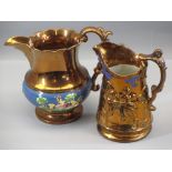 A VERY LARGE COPPER LUSTRE JUG - with blue band and raised figural and animal decoration, 18cms H (