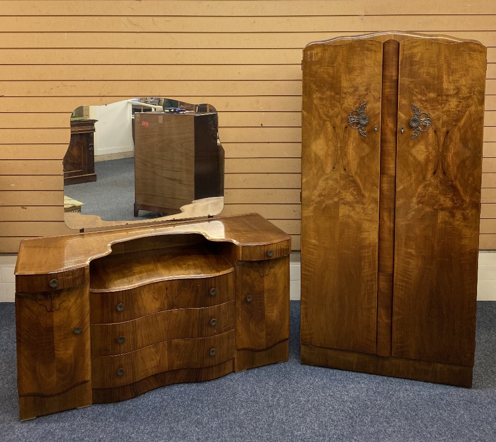 ART DECO STYLE WALNUT BEDROOM FURNITURE, 4 ITEMS to include a two door wardrobe, 72cms H, 83.5cms W, - Image 2 of 10