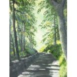 P MEYRICK oil on board - tree lined lane with sun shafts, signed and dated 1973, 72 x 57cms