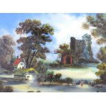 VICTORIAN REVERSE OIL PAINTING ON GLASS - an Abbey ruin with cottages to the foreground and lone